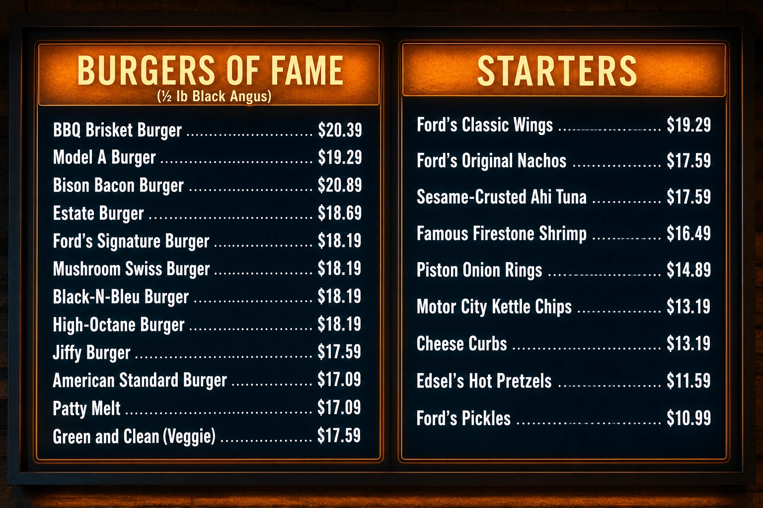 Ford's Garage Menu