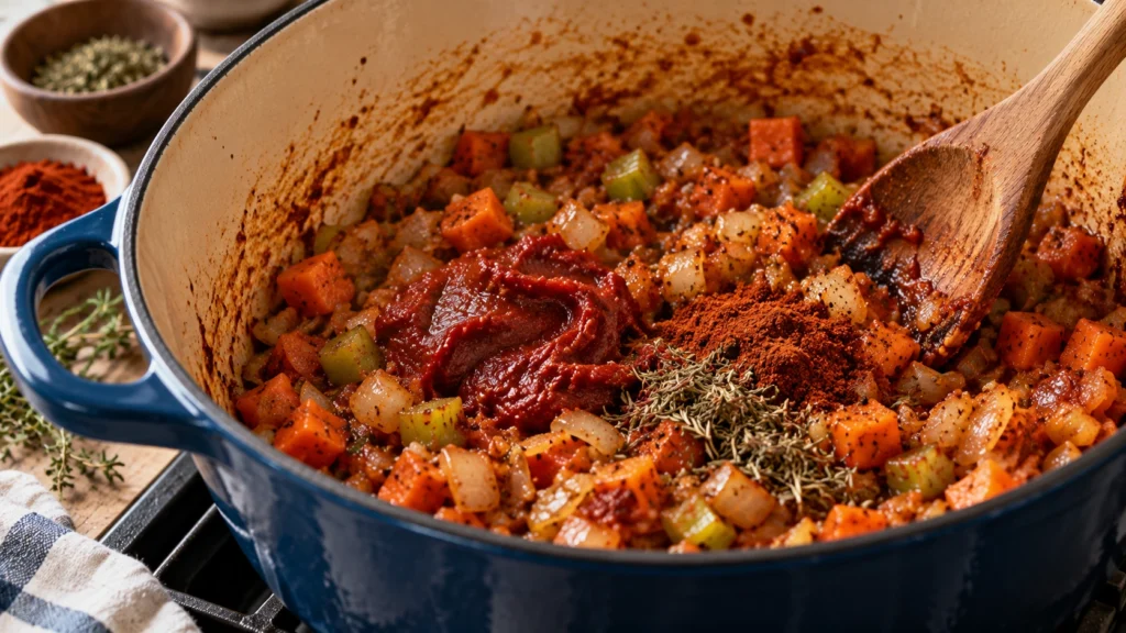 Add the Tomato Paste and Spices
